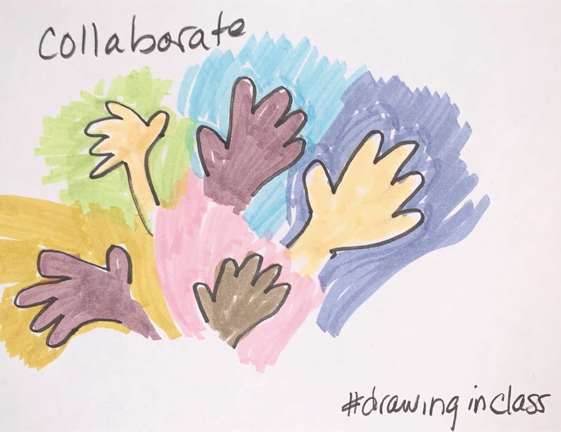 Sketch of hands raised, variety of skin tones, colour washed auras around each hand