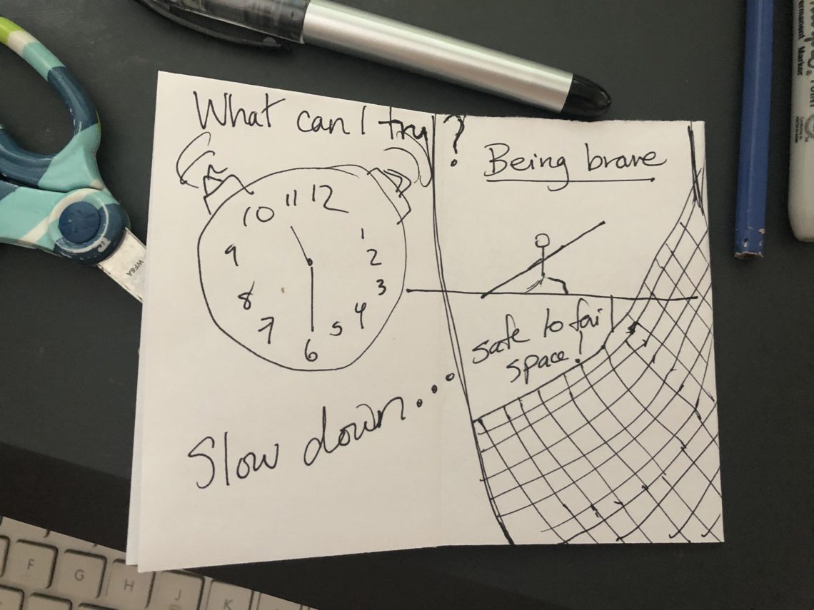 What can I try? Being brave. Letting go and slowing down. Safe space to fail. Sketch of a clock and a stick person on a tightrope with a safety net.