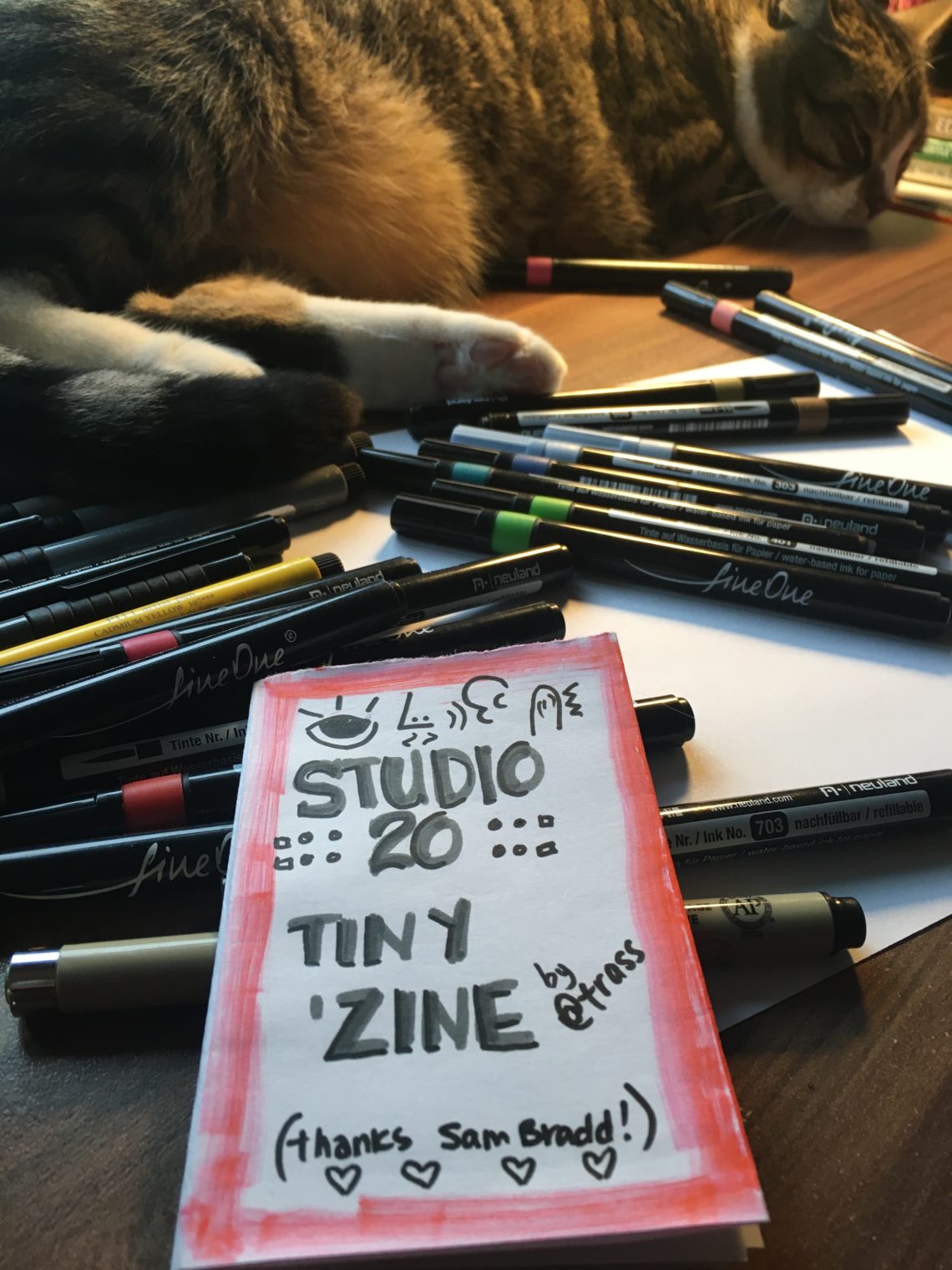 image of a small handmade book among many markers and a lazy cat in the background