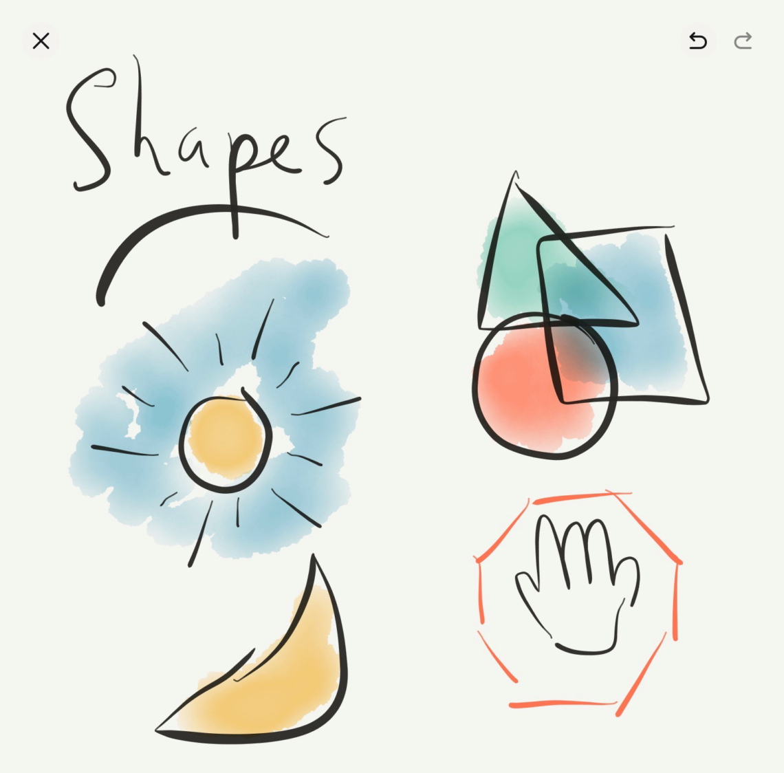 shapes: circle, crescent, triangle, circle, square, octagon
